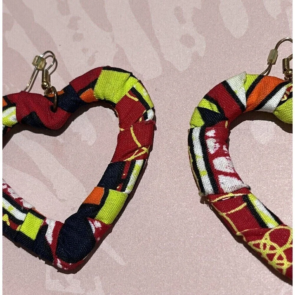 Vintage Womens Handmade Fabric Heart Dangle Earrings Large 80s Punk Rave